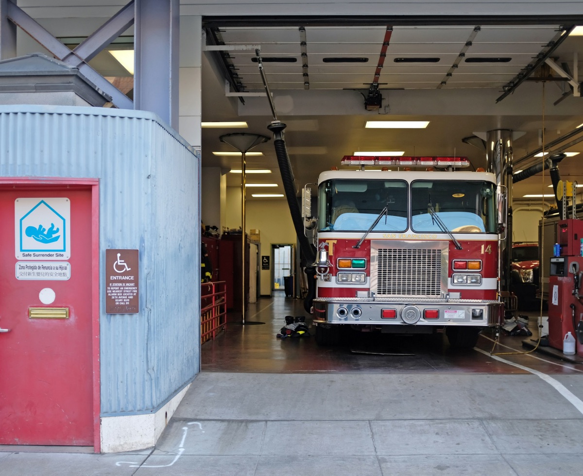 fire engine inside fire station